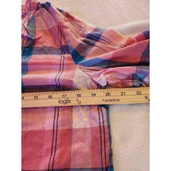 Talbots Cotton Popover Ruffle Blouse Pink Top Plaid Long Sleeve Size MP - Picture 6 of 7
